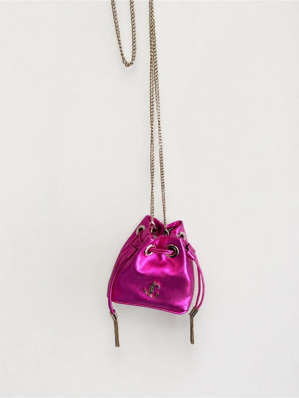 Jimmy Choo Metallic Fuchsia Mini Drawstring Crossbody